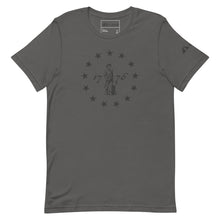 13 Star Betsy Ross Design With Patriot Farmer, Dark Gray Print.